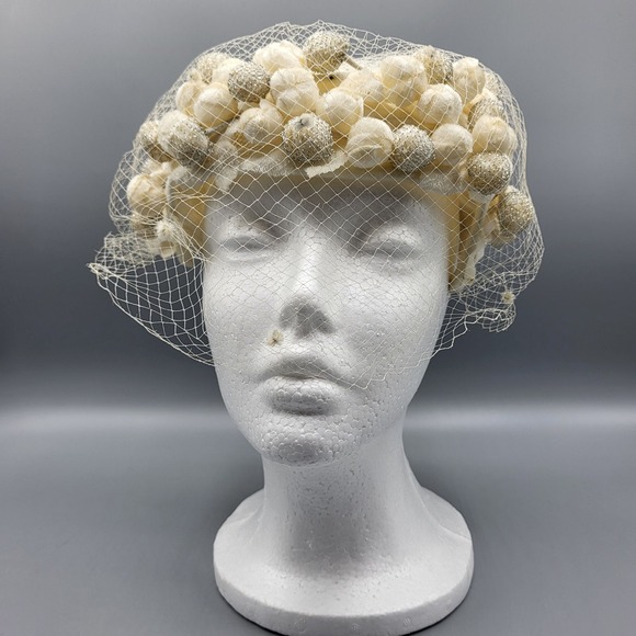 Vintage Ladies 1950s Lecie Womens Ivory Pom-Pom Net Hat Union Made USA main image 4